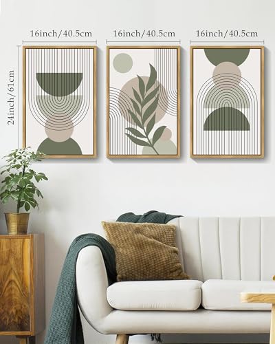 Drsoum 16x24in Large Boho Wall Art Green Sage Decor Framed Wood Modern Bohemian Abstract Geometry Canvas Prints Ready to Hang for Bedroom - color: green boho decor, Natural Framed, size: 16" x 24"