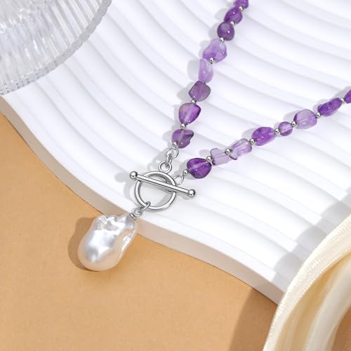 Beaded Necklaces for Women with Baroque Pearl, Turquoise Amethyst Lapis lazuli Tiger Eye Handmade Boho Bead Choker Necklace, Natural Stone Summer Jewelry Birthday Mother Gift for Women - color: Amethyst