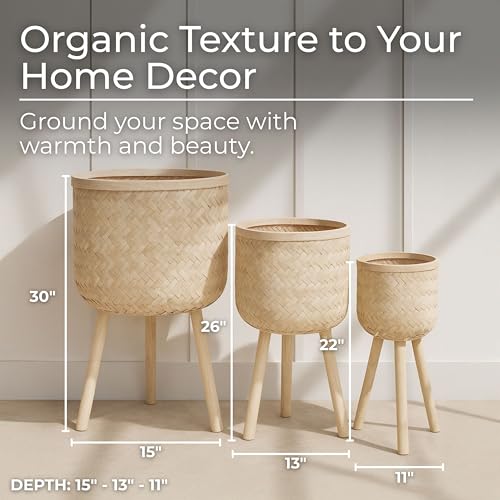 Set of 3 Decorative Planter Pots with Wooden Legs – Bamboo & Pine – Indoor & Outdoor Modern Plant Pot – Decorative Pots for Plants & Home Decor Planters – 22", 26", 30", White - color: Woven White, size: 26" H