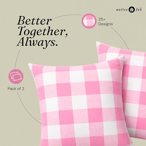 Native Fab Premium Throw Pillow Covers 2 Pack, 12x20 Inches, 100% Cotton, Charming Buffalo Check, Soft, Washable Cushion Cases, Farmhouse Decor for Valentines, Bridal Shower, Home, Rose Pink & White - color: Buffalo Rose Pink, size: 20" x 12" (Pack of 2)