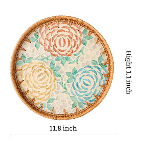 Round Rattan Tray with Mother of Pearl Inlay, Decorative Wicker Serving Tray with Wooden Base, Woven Basket Trays for Bread Fruits Coffee, Peony - color: Peony