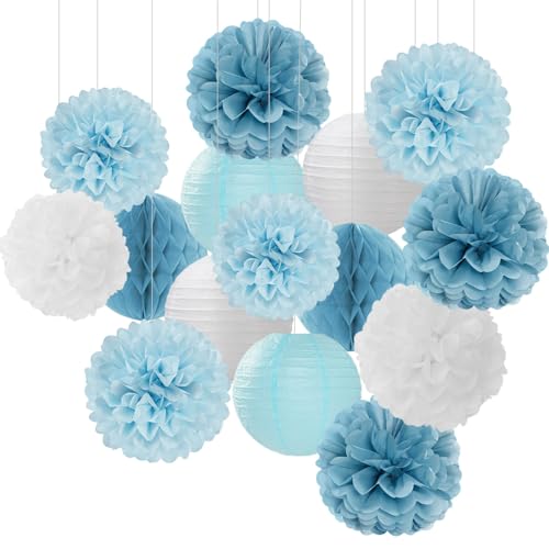 Dusty-Blue White Party-Decorations Paper-Flowers Lanterns - 15pcs Birthday Baby Bridal Shower Tissue Pom Poms Streamers Honeycomb, Boy Men Wedding Bachelorette Hanging Supplies Decor Hugfond - color: Dusty Blue