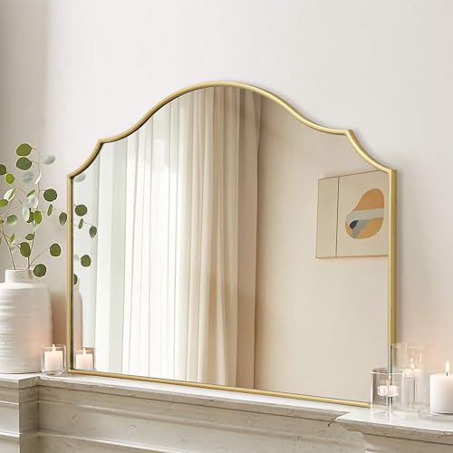 Besdomus Gold Scalloped Mirror for Dresser: 35"x26" Modern Wooden Mantel Mirror - Minimalist Decorative Wall for Vanity/Bedroom/Fireplace/Entryway - Ideal for 20-44 Age Fashion Women - color: Gold Leaf, size: 26"L x 35"W