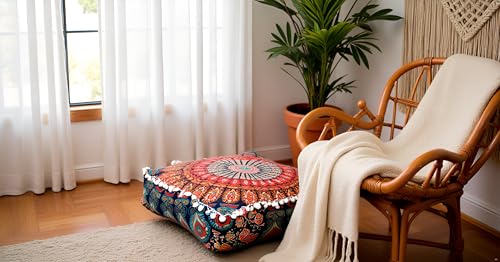 INDIAN CRAFT CASTLE ICC Mandala Barmeri Large Floor Pillow Cover Cushion Meditation Seating Ottoman Throw Cover Hippie Decorative Zipped Bohemian Pouf Ottoman Cases Orange 16" Square - color: Multi Orange, size: 16"D x 16"W x 5"H