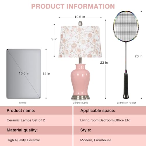 Ruzectt Pink Ceramic Table Lamp with Flower Lampshade, 23" Cute Bedroom Lamp with Ginger Jar Design, Modern Living Room Lamps Set 2, Elegant Bedside Lamps for Nightstand End Table Home Decor - color: Pink-Flower Lampshade