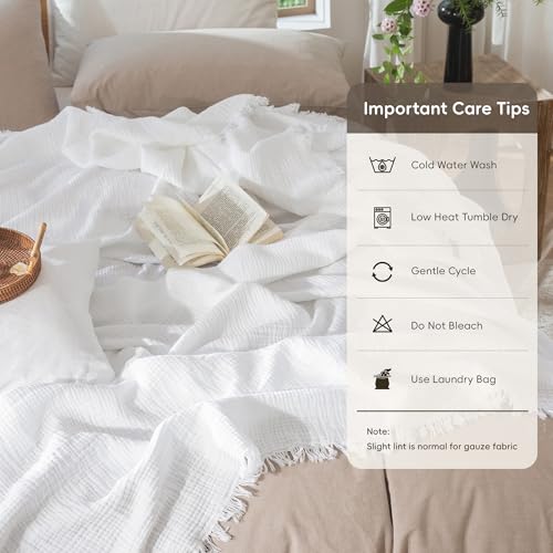 MooMee Muslin Blanket - 100% Cotton 4-Layer Gauze Throw Blanket with All-Around Fringe, Soft Breathable Lightweight Cooling Summer Blankets for Bed Couch (Bright White,Oversize Queen 98" x 98") - color: Bright White, size: Oversize Queen