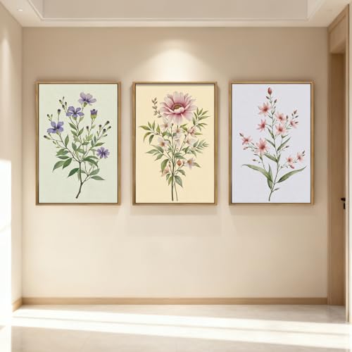 ANHUIB Boho Floral Canvas Wall Art, Framed Minimalist Beige Wildflower Wall Decor, Neutral Botanical Painting 16x24 Inch Set of 3 for Living Room Bedroom Dining Room - color: Floral, size: 24"L x 16"W