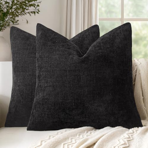 Set of 2 Textured Throw Pillow Covers Decorative Soft Accent Square Chenille Pillowcases Neutral Farmhouse Cushions Modern Home Decor for Couch Sofa Bedroom Living Room 18x18 Inch,Black - color: Black, size: 18" x 18" (Pack of 2)