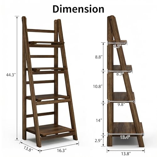 Ladder Shelves - Folding Wooden Ladder Bookshelf, 4-Tier Retro Plant Stand Storage Shelves for Home Living Room, Brown - color: Dark Brown