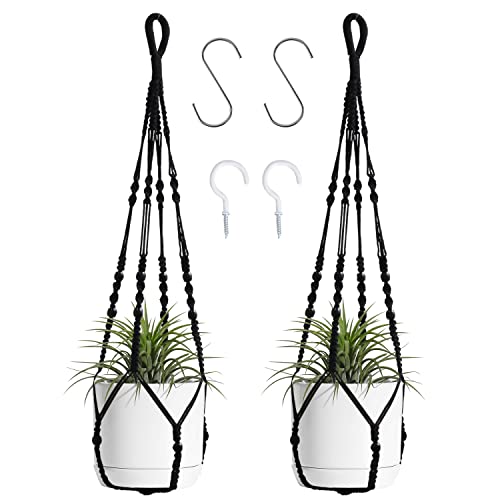 Macrame Plant Hanger Indoor Hanging with Wood Beads Macrame Planters No Tassel for Indoor Outdoor Boho Home Decor 35 Inch (Black,2pcs) - color: Black