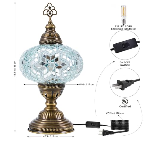 Turkish Lamp, Mosaic Table Lamp, Antique Moroccan Decorative Glass Bohemian Vintage Lamp Shade, Small Desk Tiffany Bedside Stained Glass Lamp with US Plug and E12 Socket - color: White-47