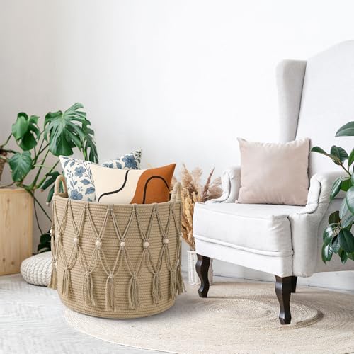 Blanket Basket for Living Room Decor Storage Basket for Toy Organizer Boho Decor Baskets for Modern Farmhouse Decor Small Laundry Basket for Bedroom and Laundry Room Organization,Beige - color: Beige