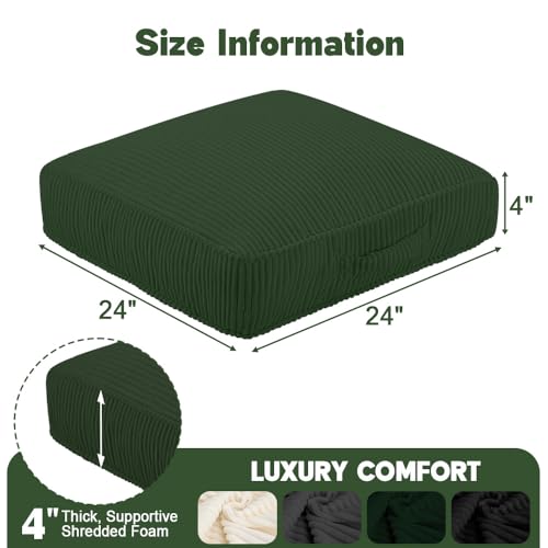 Floor Pillow for Adults Set of 2, 4" Square Floor Cushions with Washable Cover, Large Corduroy Meditation Pillow, 24 inches Tatami Seat with Handle for Living Room or Yoga, Green - color: Green, size: 24x24x4.2 inch