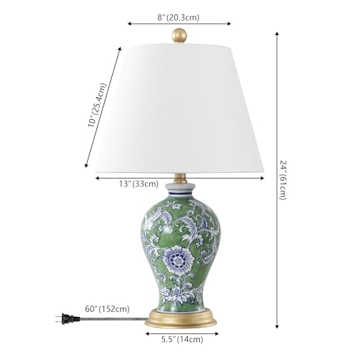 JONATHAN Y 24" Green/White French Country Ceramic Floral Urn Table Lamp, White Linen Shade, Chinoiserie Ginger Jar Bedside Lamp for Living Room Bedroom, LED Bulb (JYL3009F) - color: Green/White