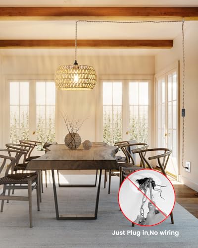Rattan Boho Hanging Light,12.6'' Natural Hand Woven Fabric Drum Light,Plug Into Wall Outlet Pendant Light Fixture On/Off Switch for Dining,Living Room,Bedroom,Kitchen,Hallway Entryway, Without Bulb - size: 12.59'' x 6.49''