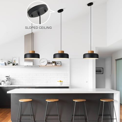 Modern Farmhouse Pendant Lights, 12.6 inch,Natural Wood Cap, Small Simple Ceiling Light Fixture for Kitchen Island, Dining Area, Matte Black - color: Black, size: 12.6 inches