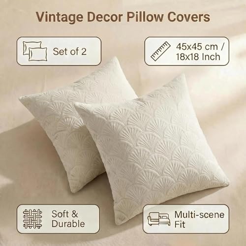 Mantle & Mason Modern Scandi Cushion Covers Leaf Pattern Throw Pillow Covers 18x18 inch Set of 2 Soft Velvet Embossing Decorative Pillow Covers for Couch Sofa Bed Chair Living Room Home Decor Beige - color: Leaf Beige, size: 18" x 18" (Pack of 2)