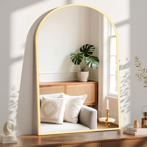 NEWBULIG 40X30 Inch Arched Bathroom Mirror for Wall, Vanity Bathroom Mirrors for Over Sink Tempered Glass, Anti-Rust Arched Metal Framed, Hangs Horizontally or Vertically, Farmhouse Home Decor, Gold - color: Gold-arched, size: 40"L x 30"W
