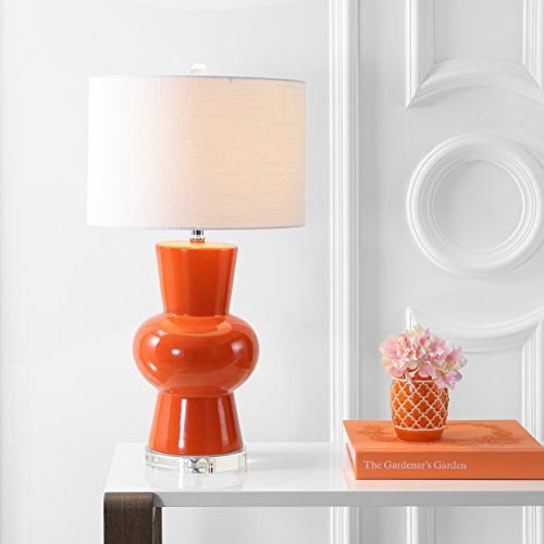 JONATHAN Y 28.5" Coral Ceramic Table Lamp for Living Room Bedroom Nightstand, Modern Hourglass LED Bedside Lamp with Crystal Base and Linen Shade (JYL4027C) - color: Coral