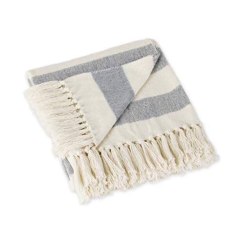 DII Rustic Farmhouse Cotton Cabana Striped Blanket Throw with Fringe, 50 x 60 - Cabana Striped Off-White with French Blue - color: Off-white With French Blue