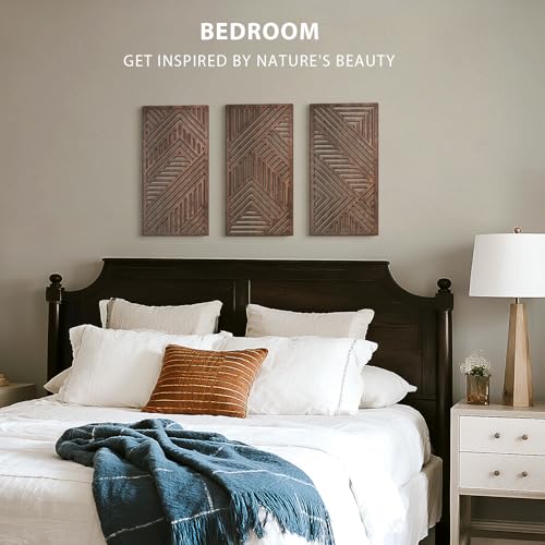 VIYYIEA Boho Solid Wood Carved Wall Art Set of 3, Geometric Minimalist Wooden Home Decor Panels, Handcrafted Solid Wood Wall Hanging for Living Room Bedroom Hallway, 16 x 8 Inch Each (Sunset Brown) - color: Sunset