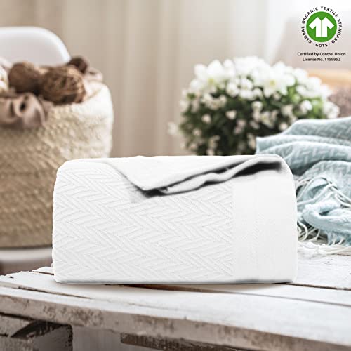 THREAD SPREAD 100% Pure Cotton, Luxury Twin/Twin XL Size White Blanket - Herringbone Pattern, Soft & Cozy Premium Fall Throw Blanket for All Seasons, 350 GSM & 68 x 92 with Free Tote Bag - color: Herringbone - White, size: Twin / Twin XL