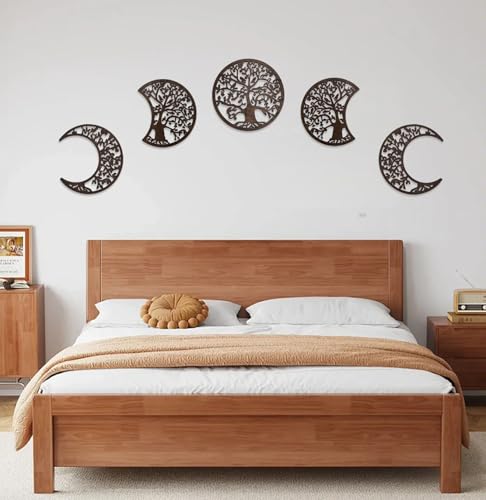 ASMANNA 5 Pcs Tree of Life Wall Art Moon Phase Wall Decor Wooden Wall Hanging Mandala Moon Decor Bohemian Lunar Aesthetic Art for Bedroom Living Room Dorm Apartment Office(Brown) - color: Brown2