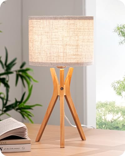 EDISHINE Tripod Table Lamp, 17.5" Modern Bedside Lamp with Natural Wood-Colored Lamp Legs & Beige Linen Lampshade, Boho Nightstand Lamp for Bedroom, Living Room, Reading Room, E26 Base - color: Beige