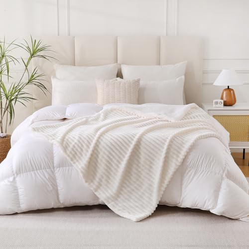 Cream White Sherpa Fleece Throw Blanket 50”×60” for Couch Sofa Bed, Double Side Soft Fuzzy Cozy Plush Thick Flannel Blanket with Striped Design Gift for Adults,Woman,Girls - color: Cream White, size: 50×60inch