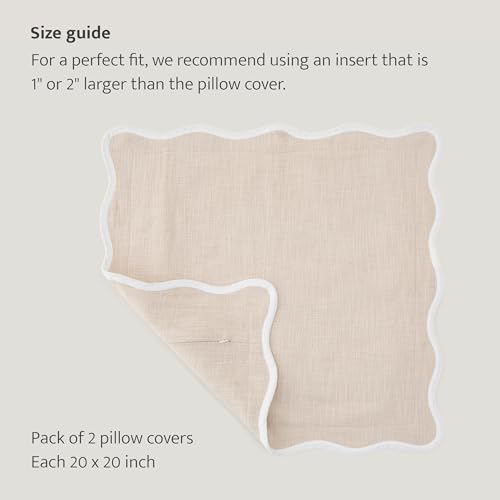 Double Stitch Scalloped Throw Pillow Covers - 100% Cotton Set of 2 Decorative Boho Pillow Covers 20 x 20, Made in India, Square Cushion Case, Modern Home Decor for Couch Sofa Living Room, Oat Milk - color: Oat Milk, size: 20" x 20" (Pack of 2)