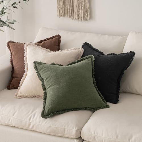 MIULEE Decorative Throw Pillow Covers Neutral Linen Fringe Throw Pillows Set of 2 Black Boho Farmhouse Cushion Covers with Tassels for Couch Sofa Bed Living Room Spring Home Decor 18x18 Inch - color: Black, size: 18" x 18" (Pack of 2)