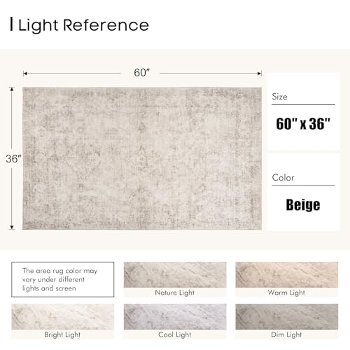 3x5 Area Rugs for Living Room, Machine Washable Rugs, Vintage Non Slip Rug, Faded Style Carpet Stain Resistant, Low Pile Boho Retro Rugs for Bedroom Dining Room Indoor Home Office-Beige 3'x5' - color: Beige, size: 3' x 5' (Rectangular)