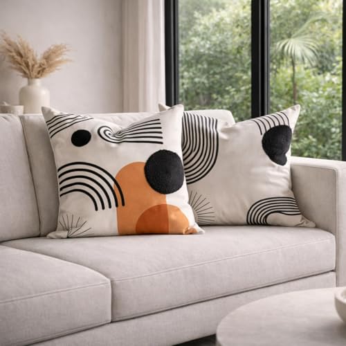 AYAY Decorative boho pillow covers 18x18 –throw pillows for couch bed, set of 2 Boho cases textured tufted and printed abstract,soft with velvet touch pillows washable indoor cover bedroom pillowcases - color: Black/White Boho Rainbow