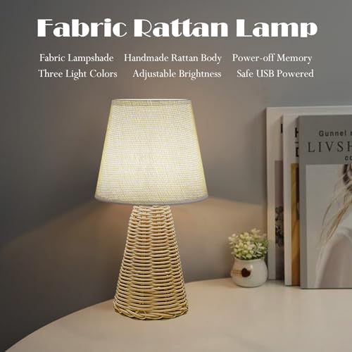 Vintage Small Wicker Lamp, Rattan Body Fabric Lampshade, Adjustable Light Color and Brightness, Power-Off Memory, Safe USB Powered, Boho Style Night Light for Bedroom Living Room (Cone-FlaxYellow) - color: Cone-FlaxYellow