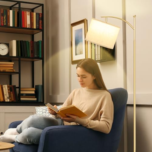 Ambimall 60" Floor Lamp with 3 Color Temperatures, Adjustable Beige Shade, Gold Pole - Tall Lamp for Living Room, Bedroom, Office, Classroom, Dorm - 9W Bulb Included - color: Beige & Gold