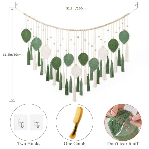 Betylifoy Large Macrame Wall Hanging Boho Handmade Woven Tapestry with Wood Beads Beige Green Chic Leaf Feather Boho Wall Art Decor Macrame Tapestry Wall Decor for Bedroom Living Room Nursery Apartment 51.2"W X 31.5"L - color: Green&Beige
