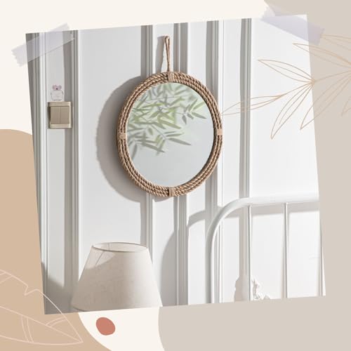 Vercraft Nautical Mirror 20" Wall Decor with Rope Wrapped Trim and Hanging Loop Round Circle Coastal Boho Mirror Nautical Rustic Decorative for The Living Room, Bedroom Bathroom and Entryway - color: Brown, size: 20.1"L x 20.1"W, style: Vintage