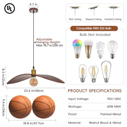 23.6" Wood Pendant Lights, Mid-Century Modern Natural Black Walnut Wood Pendant Light Fixture Hanging Lamp for Kitchen Island, Bedroom, Dining Room, Living Room, Nursery, Entryway, Foyer - size: 23.6" W x 8.3" H
