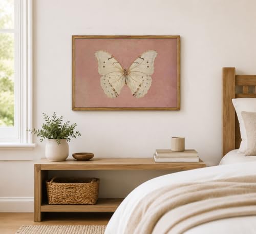 Framed Vintage Butterfly Canvas Wall Art Antique White Moth Picture Pink Aesthetic Poster Print Neutral Moody Insect Painting Farmhouse Wall Decor for Living Room Bedroom Dorm Office 16x24in - color: Butterfly, size: 24"L x 16"W