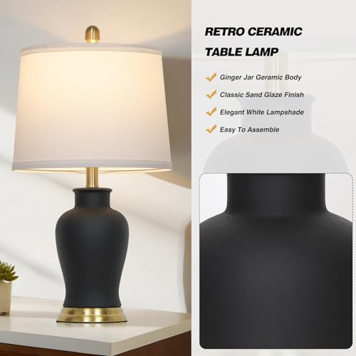 23" Modern Black Ceramic Table Lamps Set of 2, Farmhouse Table Lamps for Living Room, Classic Bedside Lamp with Ginger Jar Design, Elegant Bedroom Lamp for Night stand Desk Side End Table Home Decor - color: Black