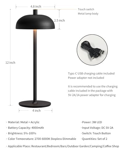 Cordless LED 12" Small Table Lamps Set of 2, Modern Portable Desk Lamp, 3 Color Dimming Rechargeable Battery Lights for Bedroom, Outdoor, Restaurant, Bedside, Baby Night Light, Gifts (Black) - color: H12" Black (2 Pack)