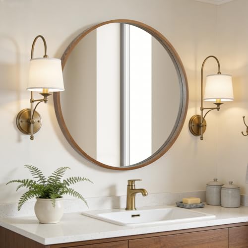 WallBeyond Round Wood Mirror, 32" Round Modern Decoration Large Circle Wall Mirror for Bathroom Living Room Bedroom Entryway, Walnut - color: Walnut, size: 32"L x 32"W