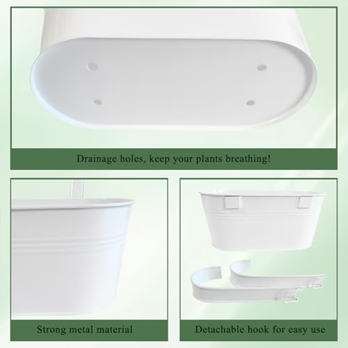 10" Hanging Flower Pots, Pack of 2 White Metal Outdoor Patio Balcony Planter, Railing Planters Fence Pot with Detachable Hook & Drainage Hole for Small Plants (White, 2Pcs) - color: White
