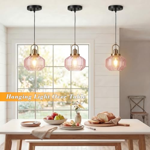 9in Mid Century Modern Pendant Light, Gold and Small Pink Glass | Vintage Lighting Fixture Ceiling Hanging Lamp for Kitchen Island Foyer Dining Room Bedroom Entryway Hallway Over Sink Table - color: Pink & Gold Hardwire, size: 9in
