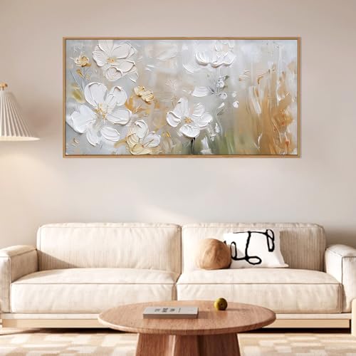 HPNIUB Large White Flower Framed Wall Art Modern White and Gold Floral Canvas Oil Painting Nature Botanical Wall Decor Abstract Aesthetic Artwork for Living Room Bedroom Decor -20"x40" - color: White Floral Wall Art, size: 40"L x 20"W