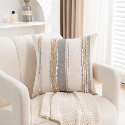 Boho Pillow Covers 18x18 Set of 2 for Couch-Modern Farmhouse Sofa Decorative Throw Pillow Covers Textured Chenille Cushion Covers Outdoor Netural Bohemian Pillow Cases Square - color: Orange-gray Stripe