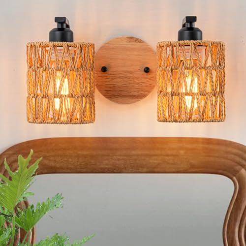 Bathroom Vanity Light Fixtures,2-Light Rattan Bathroom Lighting Fixtures Over Mirror,Farmhouse Wall Sconces Boho Woven Lampshade,Rustic Wall Mounted Wooden Base Wall Light for Bedroom Hallway Stairs - color: 2light-Cylinder shade