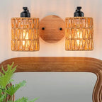 Bathroom Vanity Light Fixtures,2-Light Rattan Bathroom Lighting Fixtures Over Mirror,Farmhouse Wall Sconces Boho Woven Lampshade,Rustic Wall Mounted Wooden Base Wall Light for Bedroom Hallway Stairs - color: 2light-Cylinder shade
