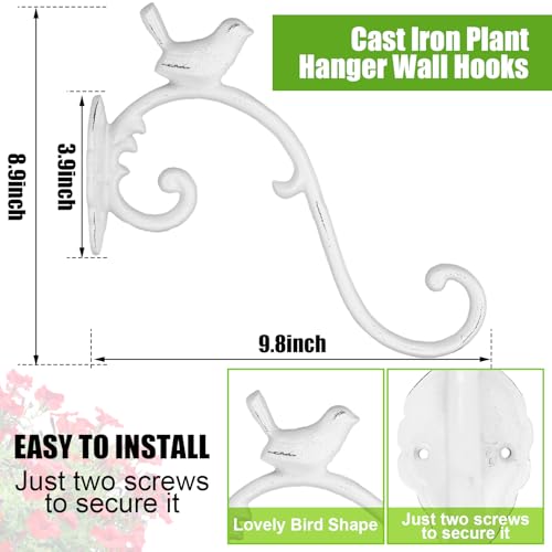 Moxweyeni 2 Pcs Cast Iron Plant Hangers Outdoor 10" Heavy Duty Hanging Basket Brackets Lovely Bird Shape Decorative Wall Hangers for Flower Pots Bird Feeder Wind Chime Lantern(White) - color: White