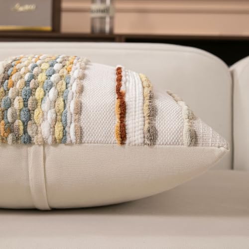 Boho Striped Throw Pillow Covers 18x18 Inch Set of 2 Farmhouse Square Decorative Pillow Covers Chenille Tufted Accent Neutral Pillowcase Yellow Brown Cushion Cover for Couch Sofa Bed - color: Yellow Brown